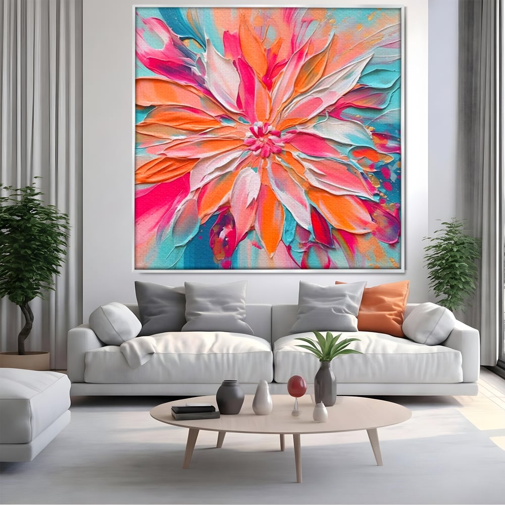 Tablou canvas cu pictura cu floare texturata in relief, in rama de aluminiu argintiu, pe perete intr-un living